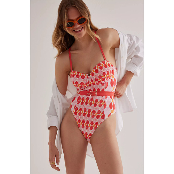 NWT Maeve Belted Red Pink One-Piece Swimsuit - Small - Picture 2 of 6